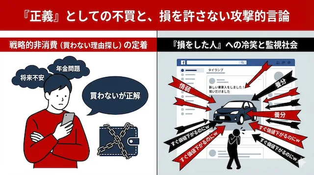 日本の消費市場の構造変化に関する分析スライド（全5枚）の構成案と視覚化イメージを、ご提案に基づき作成しました。

1. カバー：2026年、日本消費の「氷河期」の始まり
2026年の日本消費市場を「氷河期」と表現し、マスコミが報じない「構造的冷え込み」の始まりを、凍てつく都市とデジタル表示で象徴的に描きました。




2. 実例1（SNS心理）：「正義」としての不買と、損を許さない攻撃的言論
「買わないことが正義」となる戦略的非消費と、SNSにおける「損をした人への攻撃的な監視社会」という二つの側面を、左右の対比で視覚化。