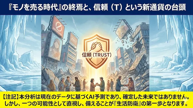 「モノを売る時代」の終わりを崩壊する広告看板で象徴し、これからの時代を生き抜くための「信頼」という新通貨の台頭を、希望ある光のアイコンで表現。